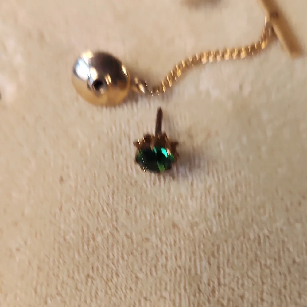 Goldtone Tie Pin Green Crystal Stone Accent